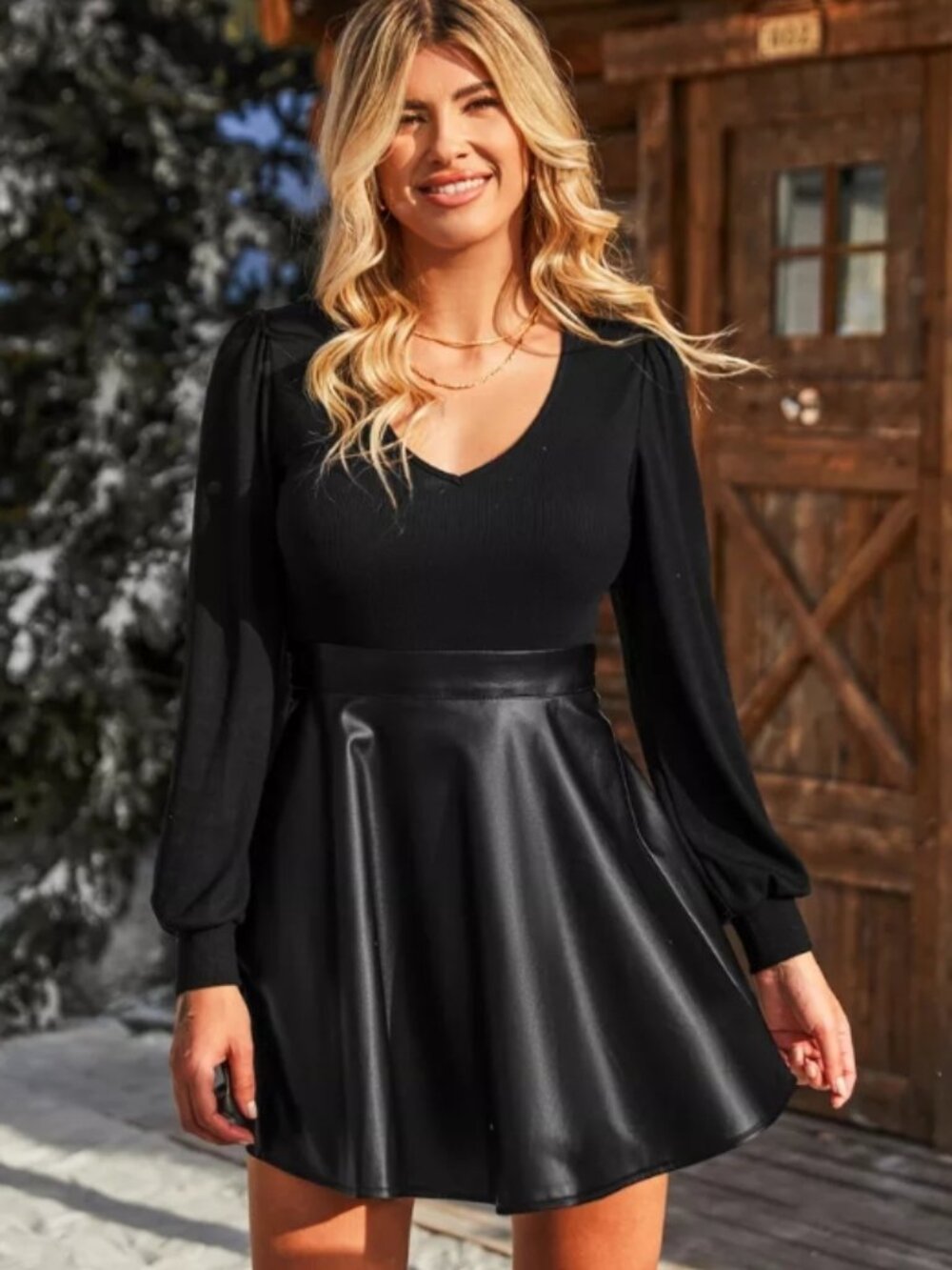 Cupshe Women's Black Long Sleeve Top Faux Leather Skirt Mini Fall Dress-XL-Black